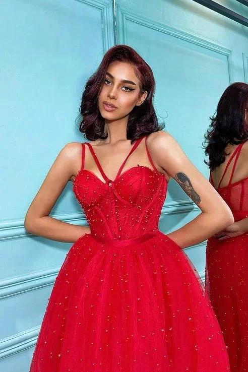 Short Red A-line Sweetheart Tulle Backless Prom Dresses - Image 2