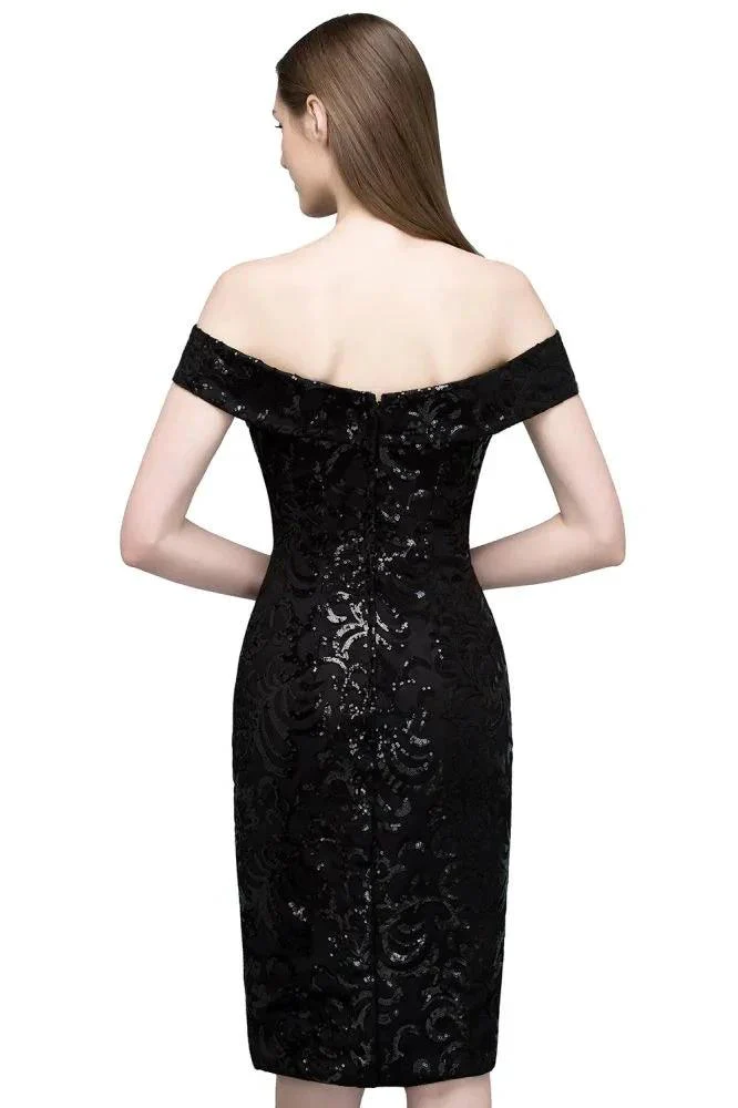 Short Sequined Sheath Off-shoulder Black Prom Dresses - Image 10