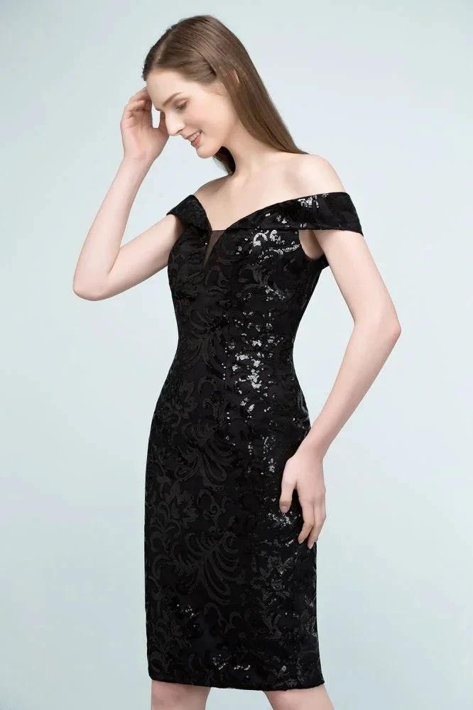 Short Sequined Sheath Off-shoulder Black Prom Dresses - Image 3