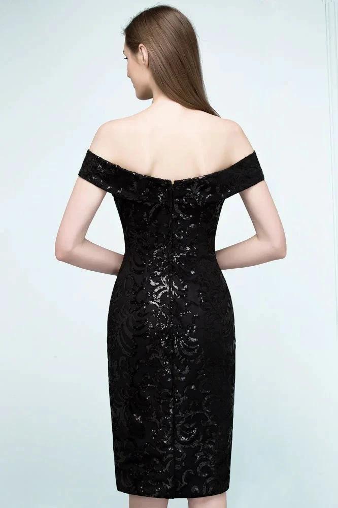 Short Sequined Sheath Off-shoulder Black Prom Dresses - Image 4