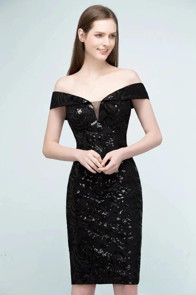 Short Sequined Sheath Off-shoulder Black Prom Dresses - Image 6