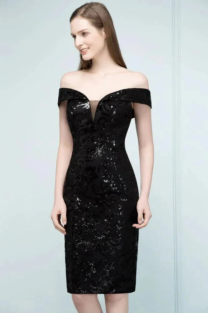 Short Sequined Sheath Off-shoulder Black Prom Dresses - Image 7