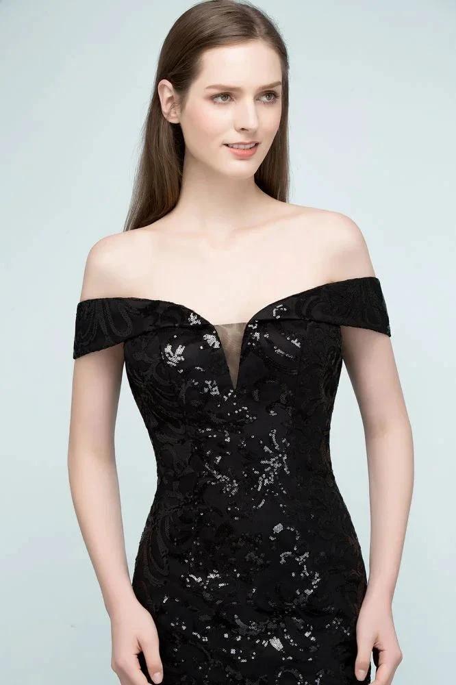 Short Sequined Sheath Off-shoulder Black Prom Dresses - Image 8