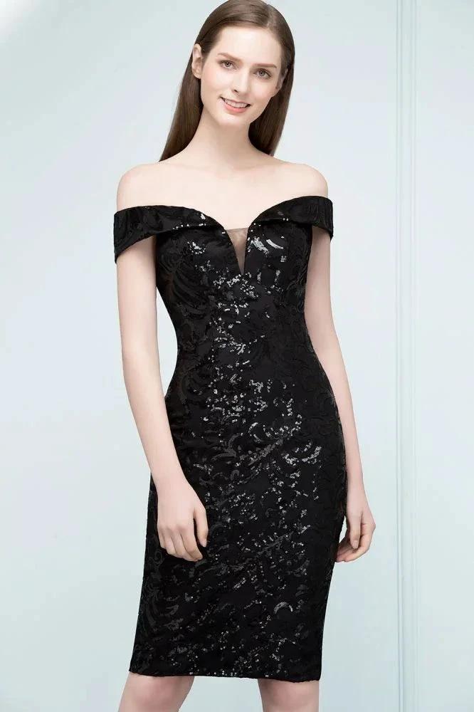 Short Sequined Sheath Off-shoulder Black Prom Dresses - Image 9