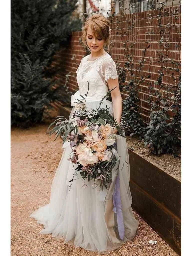 Short Sleeve Lace and Tulle Silver  Wedding Dresses with Sash  WD386 - Image 2