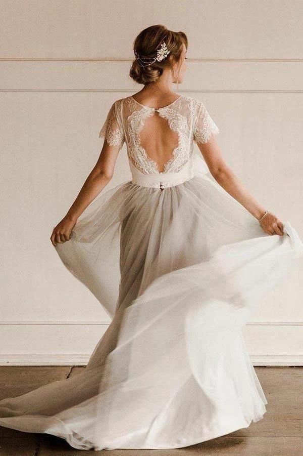 Short Sleeve Lace and Tulle Silver  Wedding Dresses with Sash  WD386 - Image 3
