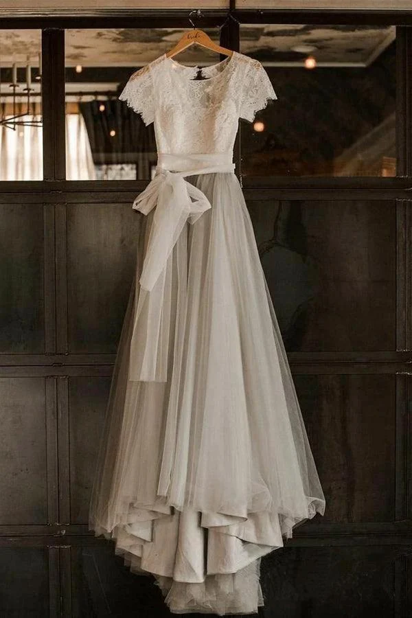 Short Sleeve Lace and Tulle Silver  Wedding Dresses with Sash  WD386 - Image 4