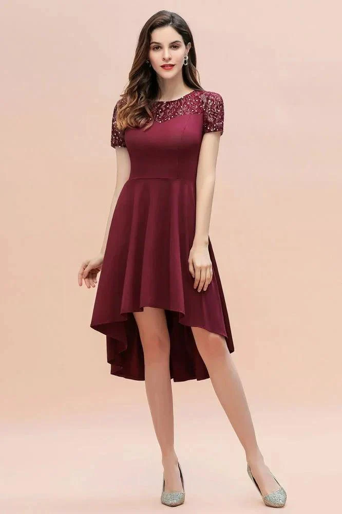 Short Sleeve Sequin Hi-Lo Cocktail Party Dress Burgundy Aline Daily Casual Dress - Image 2