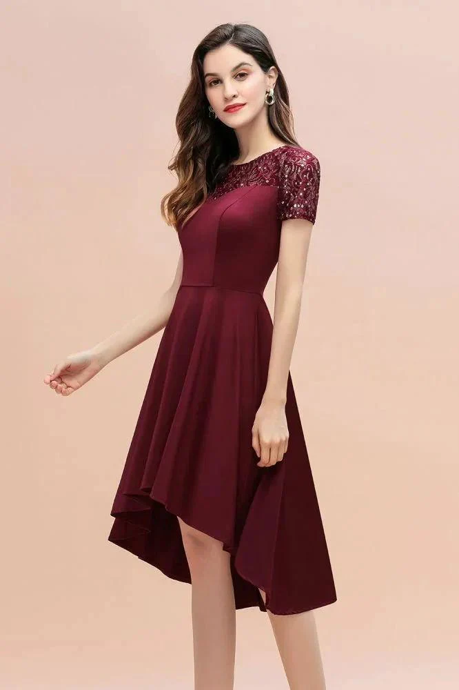 Short Sleeve Sequin Hi-Lo Cocktail Party Dress Burgundy Aline Daily Casual Dress - Image 3