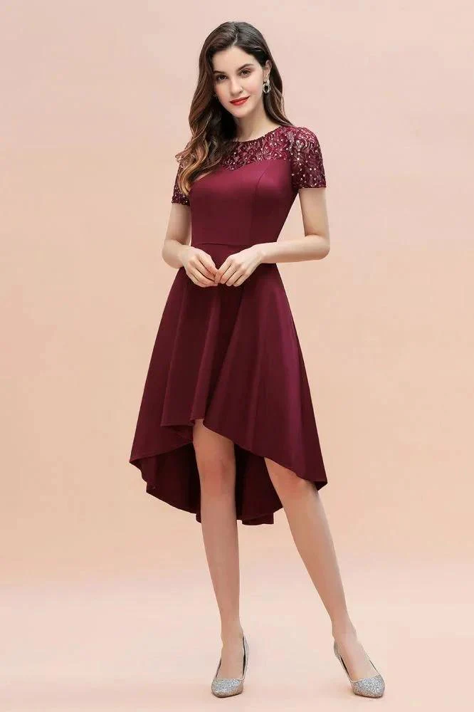 Short Sleeve Sequin Hi-Lo Cocktail Party Dress Burgundy Aline Daily Casual Dress - Image 4