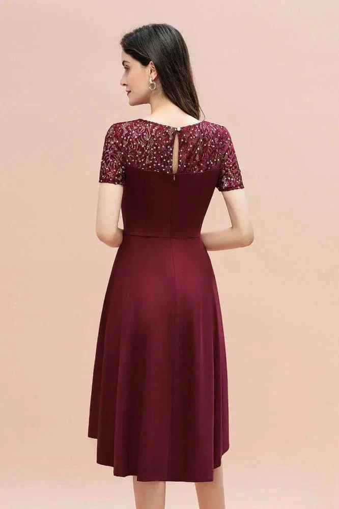 Short Sleeve Sequin Hi-Lo Cocktail Party Dress Burgundy Aline Daily Casual Dress - Image 5