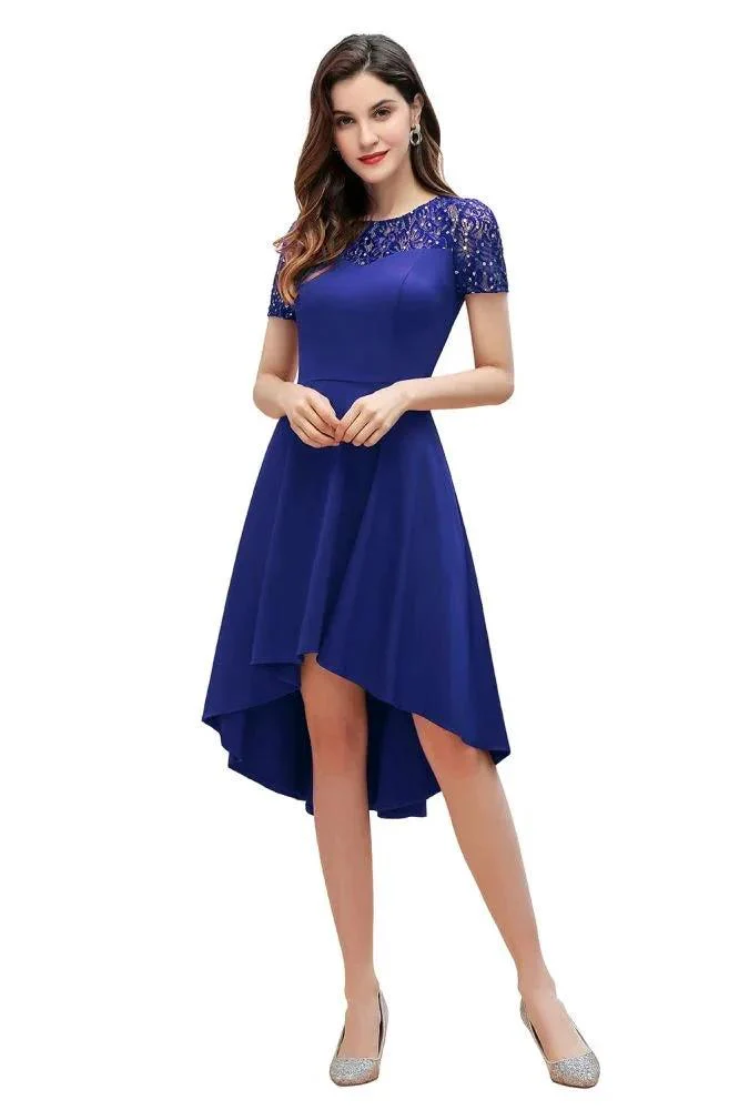 Short Sleeve Sequin Hi-Lo Cocktail Party Dress Burgundy Aline Daily Casual Dress - Image 6