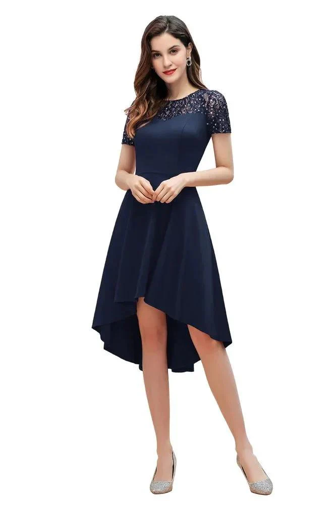 Short Sleeve Sequin Hi-Lo Cocktail Party Dress Burgundy Aline Daily Casual Dress - Image 7