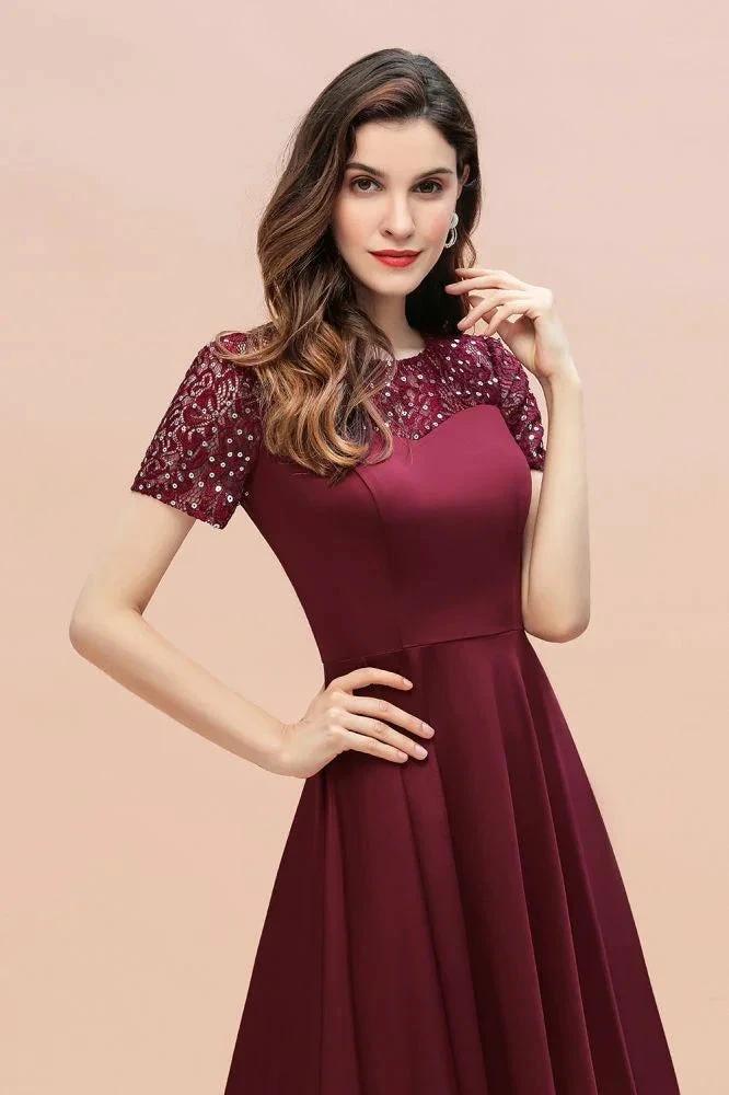 Short Sleeve Sequin Hi-Lo Cocktail Party Dress Burgundy Aline Daily Casual Dress - Image 8