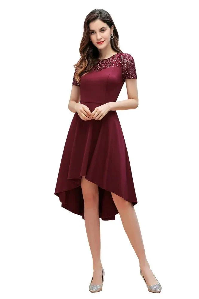 Short Sleeve Sequin Hi-Lo Cocktail Party Dress Burgundy Aline Daily Casual Dress - Image 9