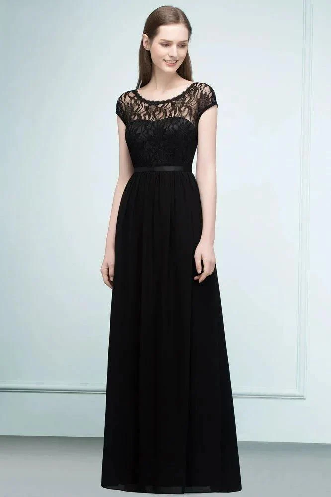 Short Sleeves Lace A-line Floor Length Bridesmaid Dresses with Sash - Image 2