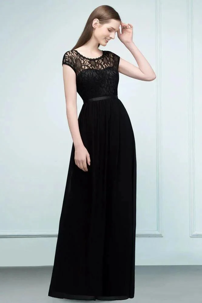 Short Sleeves Lace A-line Floor Length Bridesmaid Dresses with Sash - Image 6