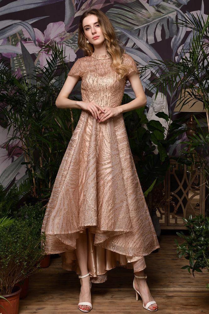 Short Sleeves Sequins Beading Hi-Lo Cocktail Dress - Image 2