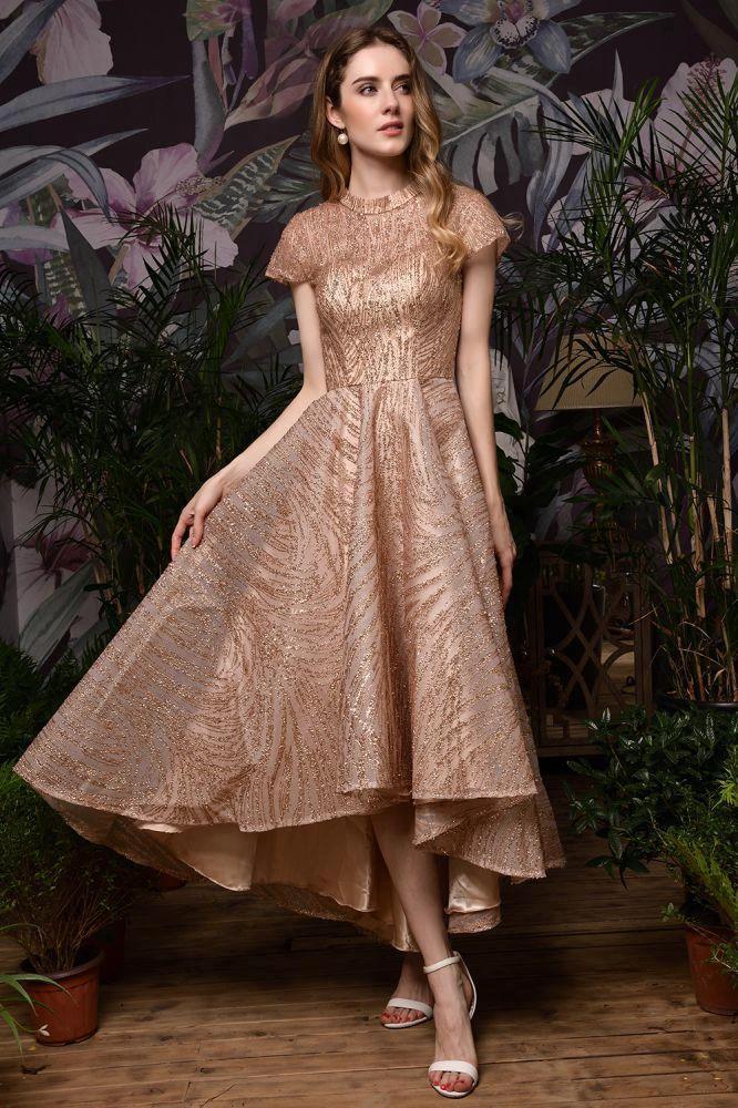 Short Sleeves Sequins Beading Hi-Lo Cocktail Dress - Image 4