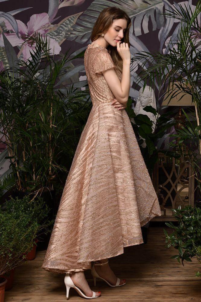 Short Sleeves Sequins Beading Hi-Lo Cocktail Dress - Image 6