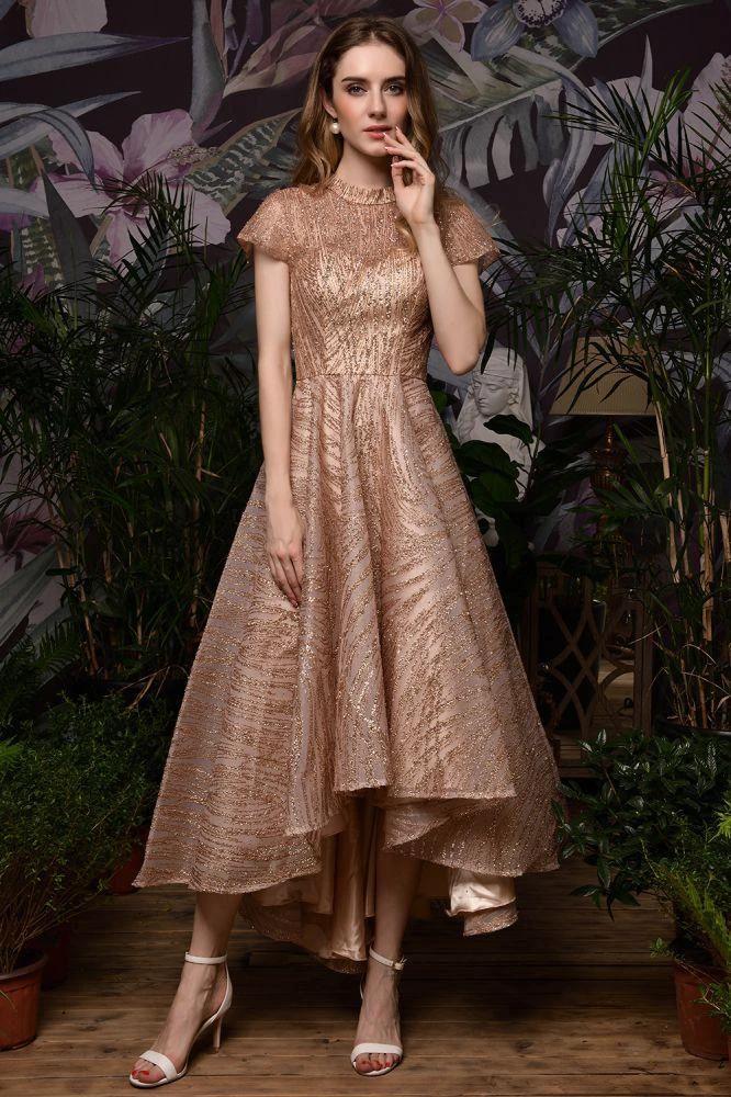 Short Sleeves Sequins Beading Hi-Lo Cocktail Dress - Image 7