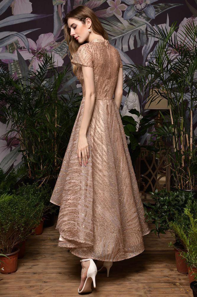 Short Sleeves Sequins Beading Hi-Lo Cocktail Dress - Image 9
