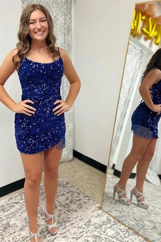 Short Spaghetti Straps Sleeveless Sequined Prom Dresses - Image 3