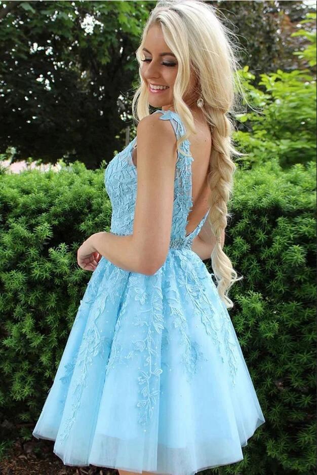 Short V-neck A-line Lace Backless Tulle Blue Prom Dress - Image 2
