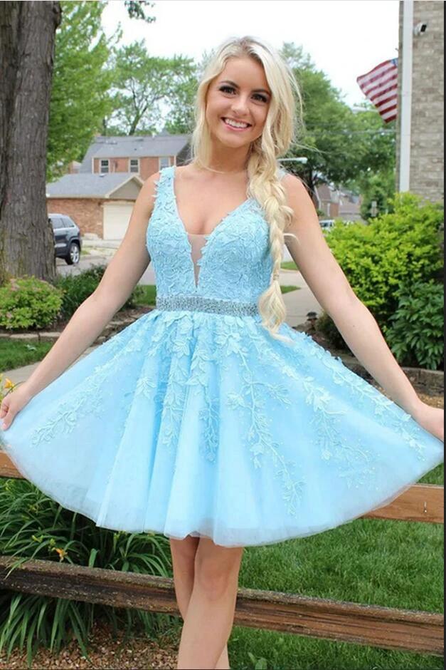 Short V-neck A-line Lace Backless Tulle Blue Prom Dress - Image 3
