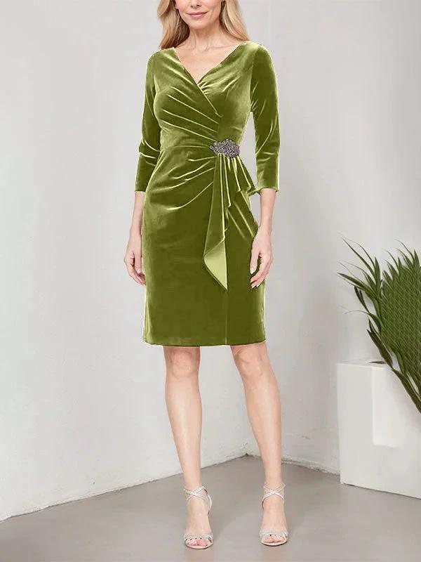 Short Velvet Sheath Dress with Surplice Neckline, Cascade Skirt and Embellishment Detail at Hip - Image 16