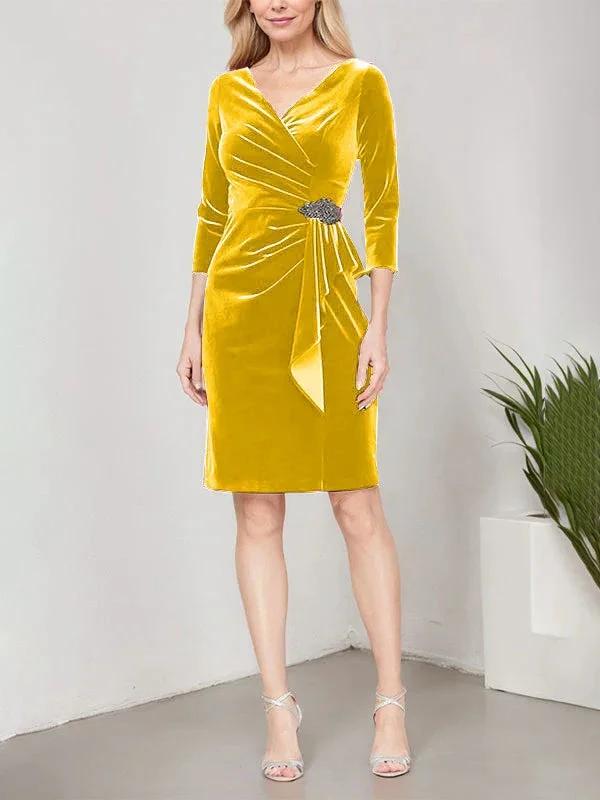 Short Velvet Sheath Dress with Surplice Neckline, Cascade Skirt and Embellishment Detail at Hip - Image 21