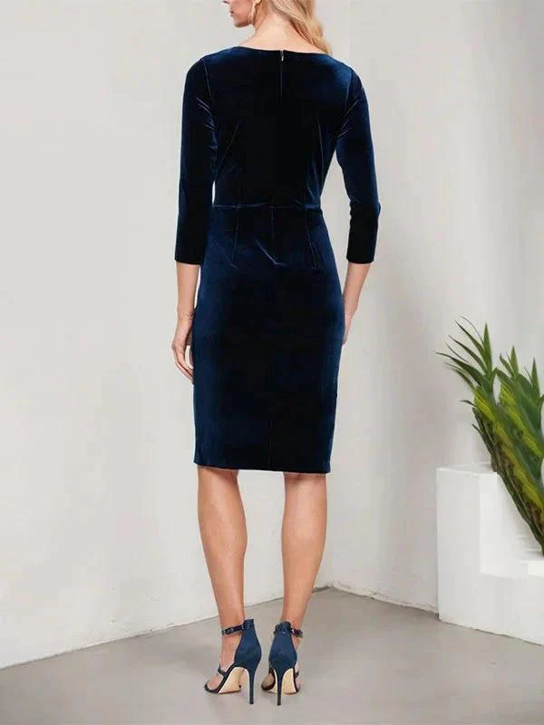 Short Velvet Sheath Dress with Surplice Neckline, Cascade Skirt and Embellishment Detail at Hip - Image 3