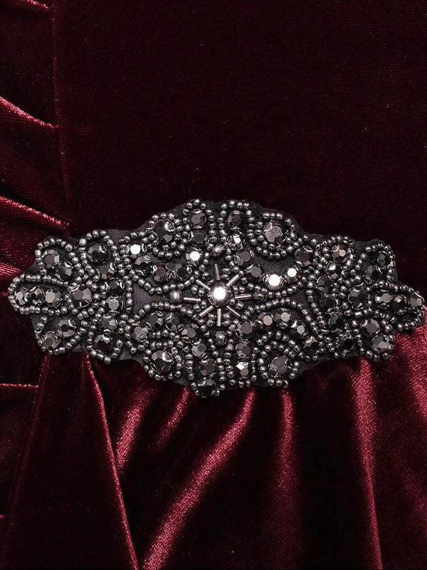 Short Velvet Sheath Dress with Surplice Neckline, Cascade Skirt and Embellishment Detail at Hip - Image 5
