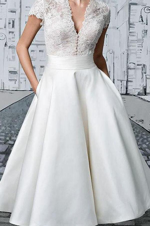 Short Wedding Dresses V-neck Lace Tea-length Ivory Simple Bridal Gown  WD422 - Image 2