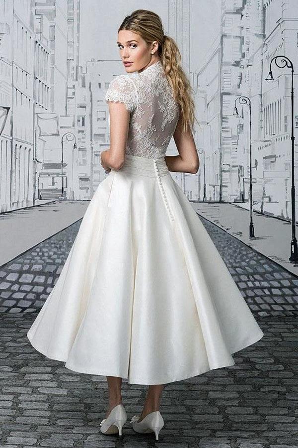 Short Wedding Dresses V-neck Lace Tea-length Ivory Simple Bridal Gown  WD422 - Image 3