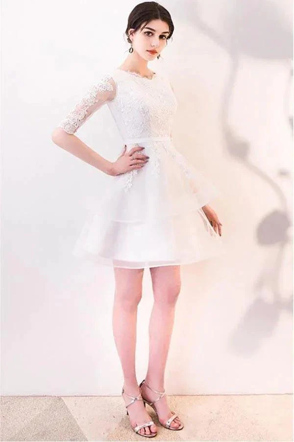 Short White Lace Ruffled Party Dress Homecoming Dresses With Half Sleeves PD063 - Image 2