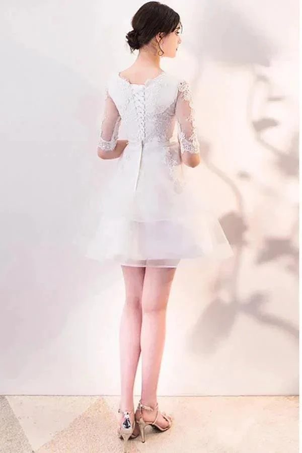 Short White Lace Ruffled Party Dress Homecoming Dresses With Half Sleeves PD063 - Image 3