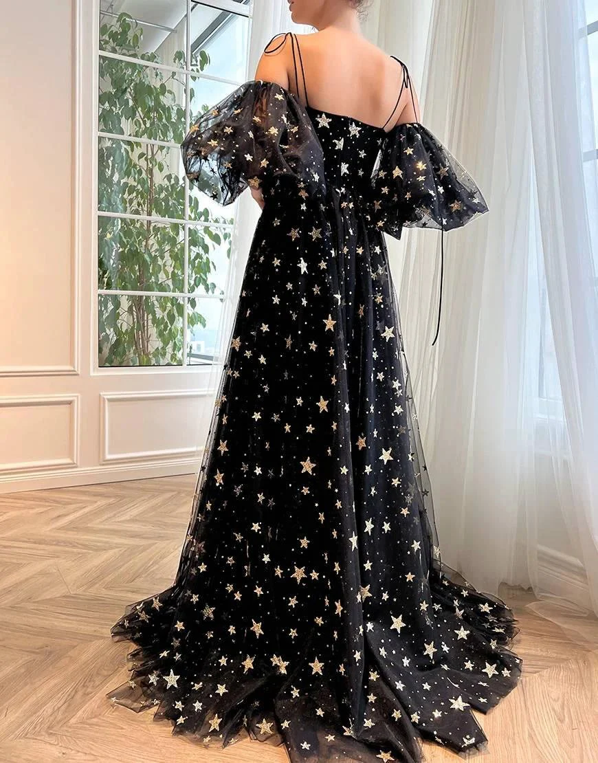 Tara | Side Slit Black Prom Dress with Stars - Image 3