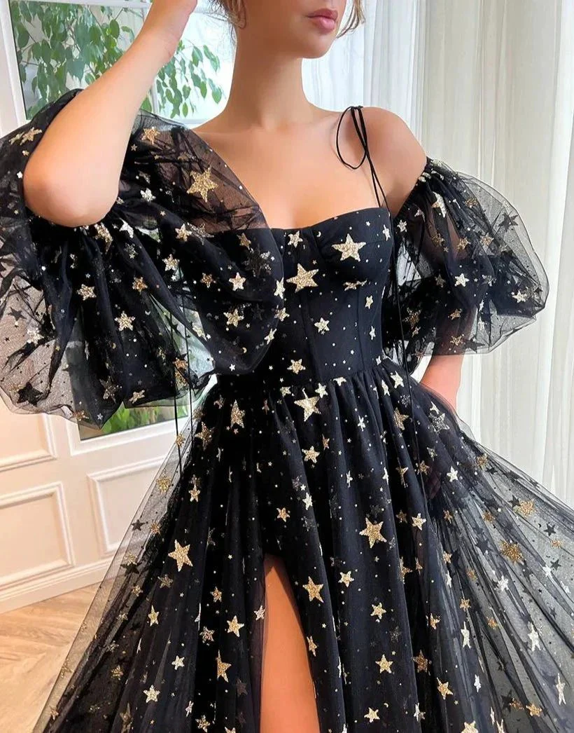 Tara | Side Slit Black Prom Dress with Stars - Image 4