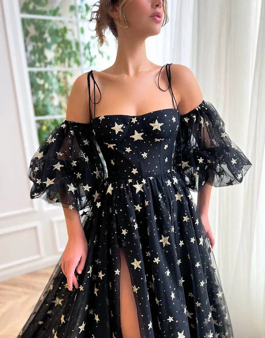 Tara | Side Slit Black Prom Dress with Stars - Image 5