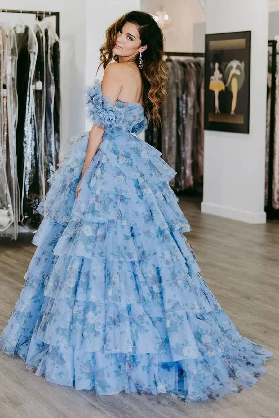 Sigourney | Blue Floral Tiered A-Line Long Prom Dress with Ruffles - Image 2