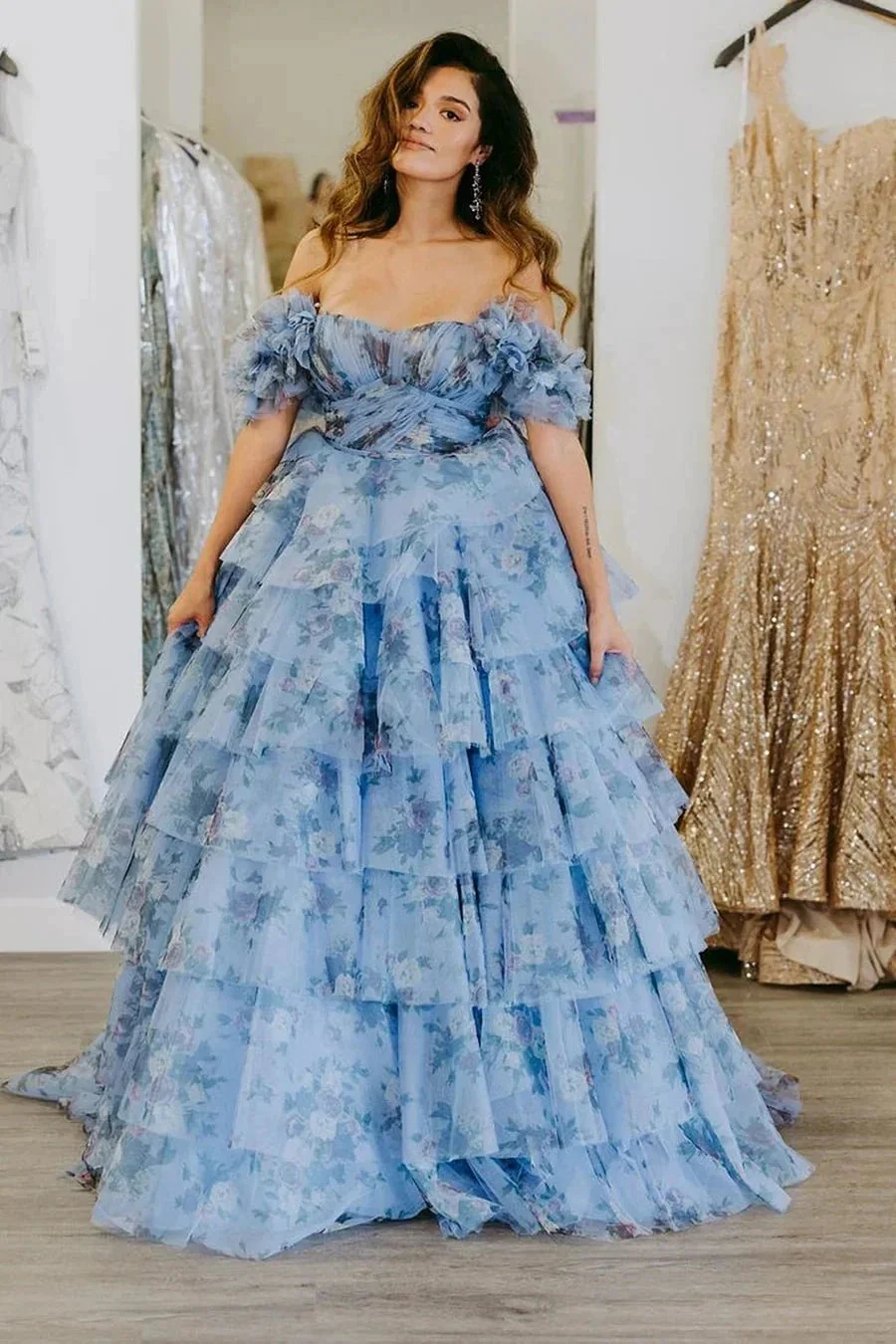 Sigourney | Blue Floral Tiered A-Line Long Prom Dress with Ruffles - Image 3