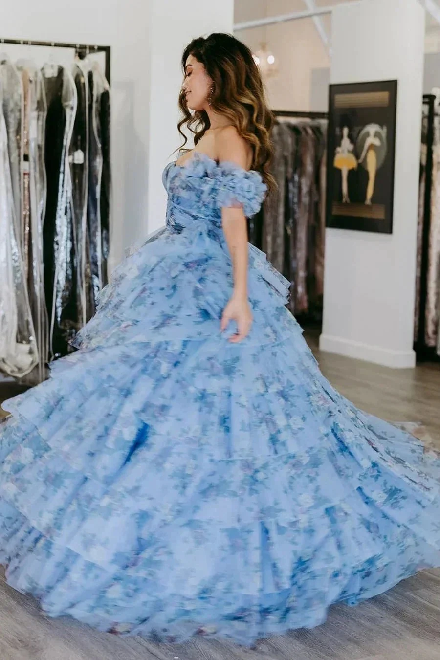 Sigourney | Blue Floral Tiered A-Line Long Prom Dress with Ruffles - Image 4