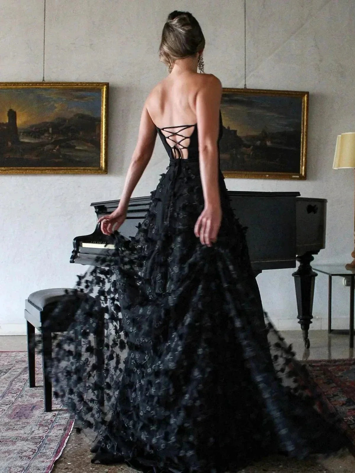 Silas | A-Line Strapless 3D Flowers Black Long Prom Dresses with Slit - Image 2