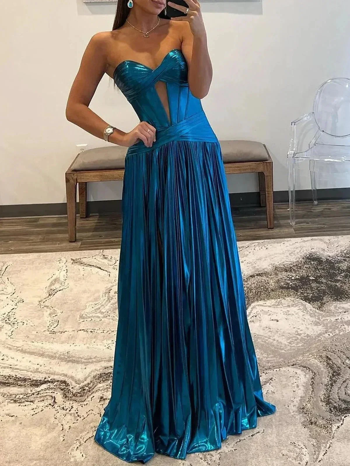 Sileas | Turquoise Sweetheart Metallic Pleated Long Formal Dress With Slit - Image 3