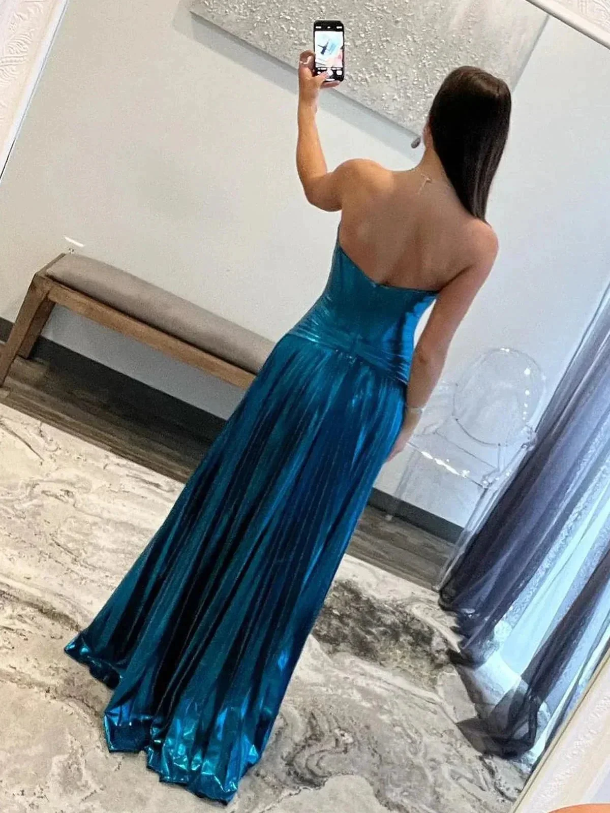 Sileas | Turquoise Sweetheart Metallic Pleated Long Formal Dress With Slit - Image 4