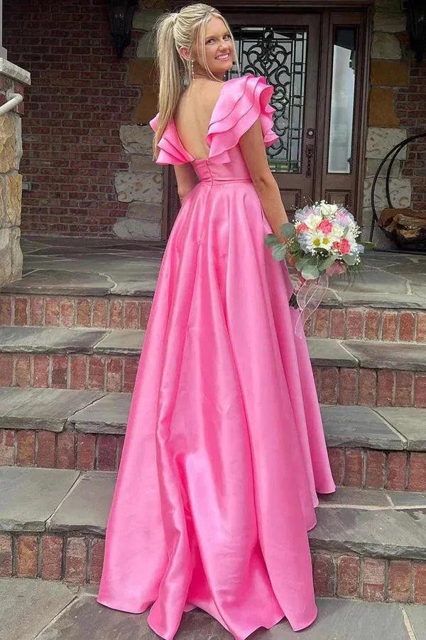 Silky Satin V Neck Ruffles Hot Pink Prom Dresses Formal Dresses PSK542 - Image 2