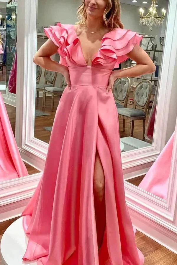 Silky Satin V Neck Ruffles Hot Pink Prom Dresses Formal Dresses PSK542 - Image 3