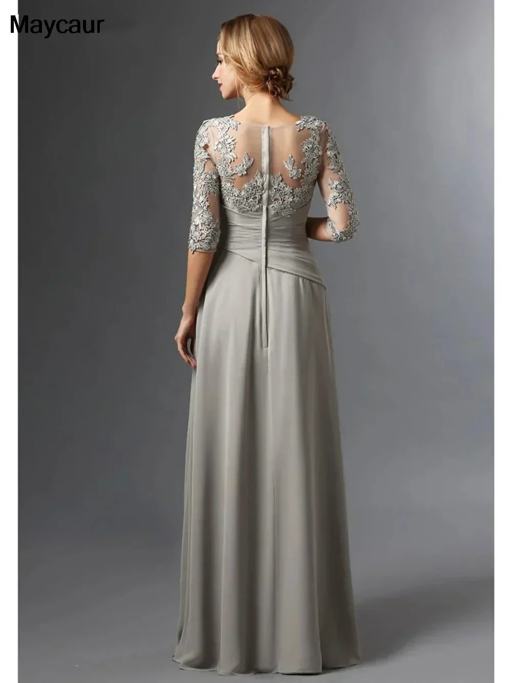 Silver 2023 Mother Of The Bride Dresses A-line 3/4 Sleeves Chiffon Lace Plus Size Long Elegant Groom Mother Dresses Wedding - Image 2