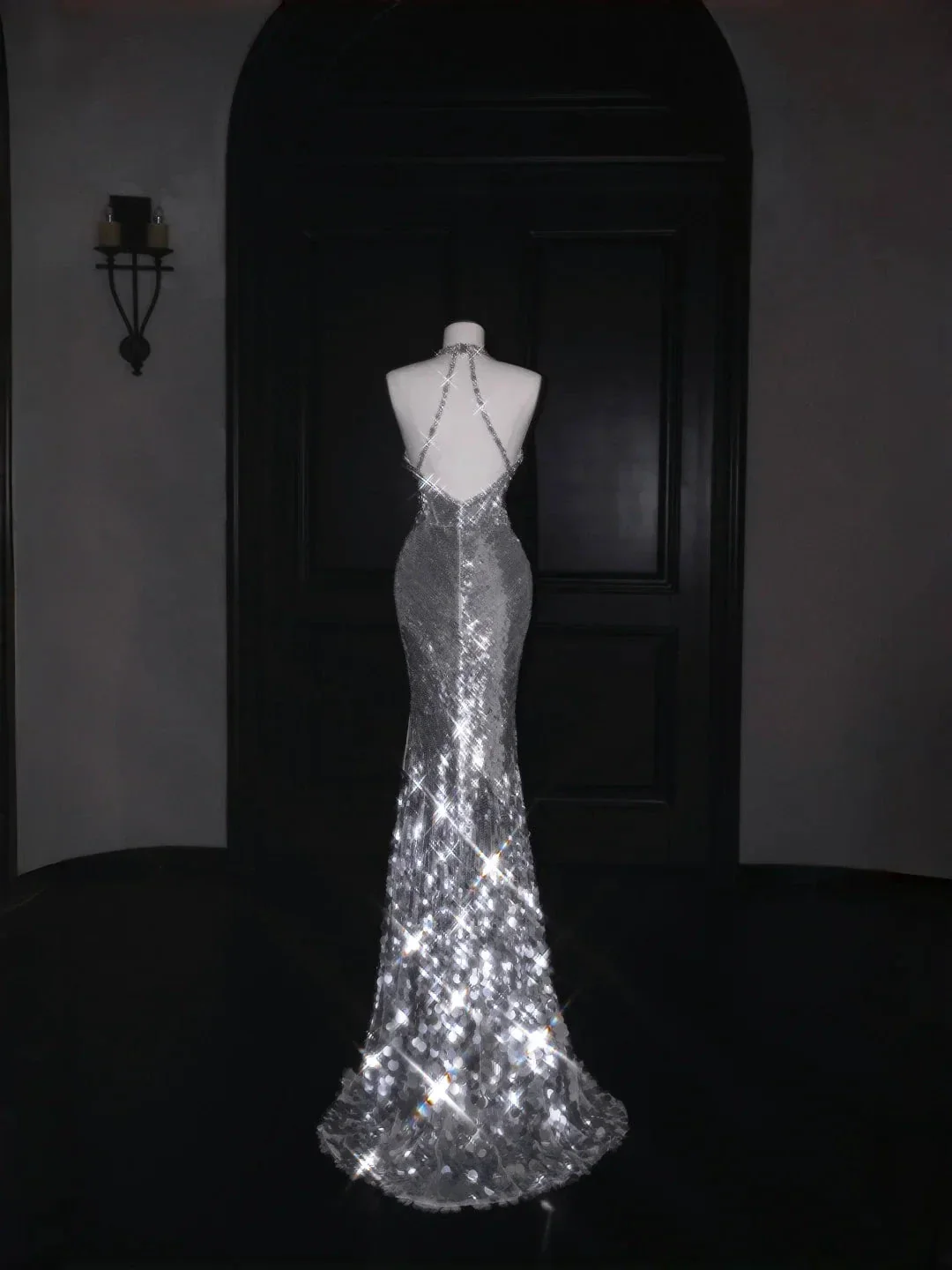 Sparkly Silver Deep V Halter Sequins Beaded Backless Evening Dress Mermaid Prom Dress Y8687 - Image 4